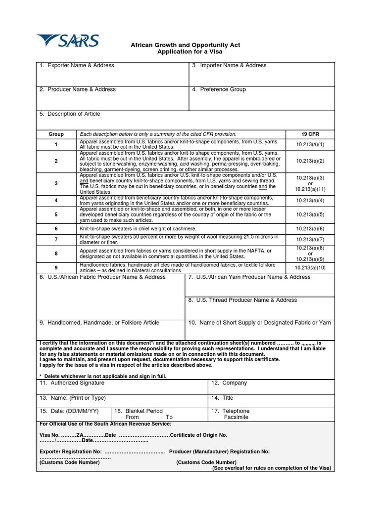 DA 46A1 01a - AGOA Application For A Visa - External Form | PDF ...