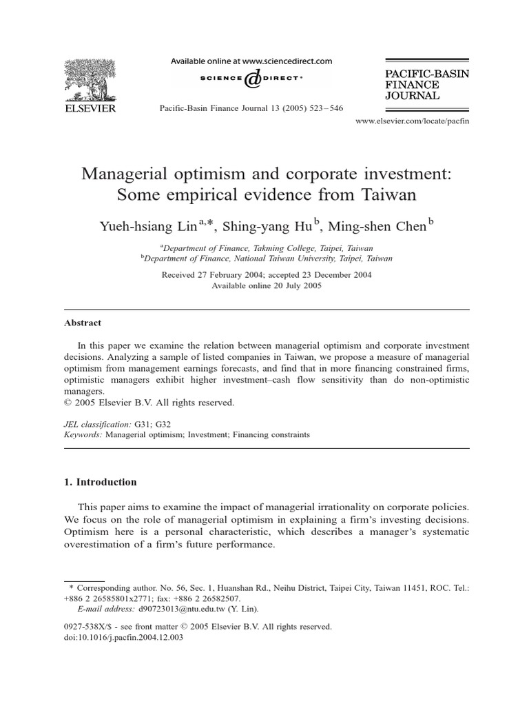 Mangerial Optimism and Coporate Investment | PDF | Optimism | Forecasting