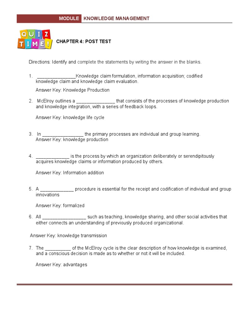 Chapter 4 Post Test Complete The Statements by Writing The Answer in