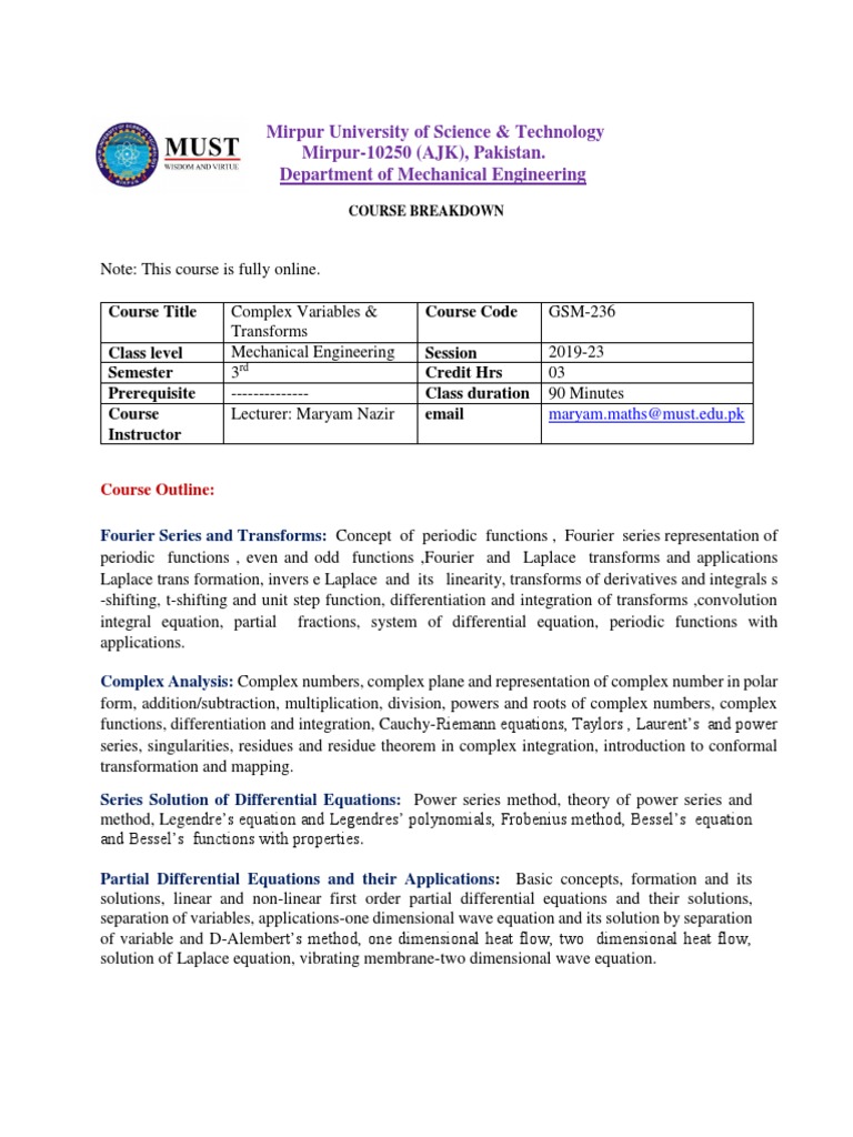 Complex Variables & Transforms Course | PDF | Fourier Transform ...