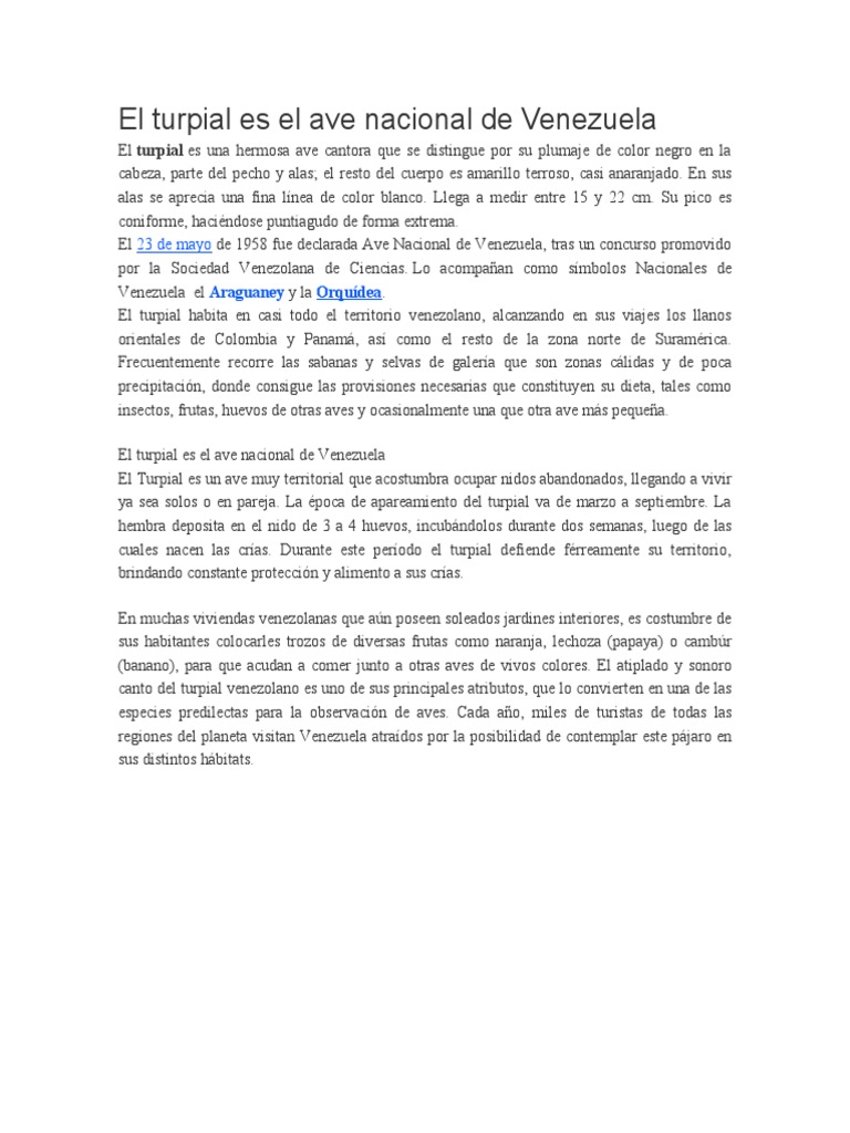 El Turpial Es El Ave Nacional de Venezuela | PDF | Aves | Paravianos