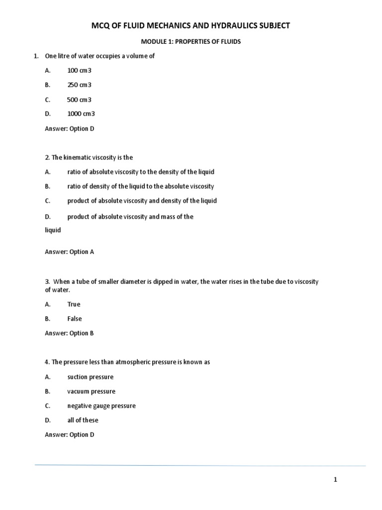 MCQ of Fluid Mechanics and Hydraulics Subject Module 1 Properties of