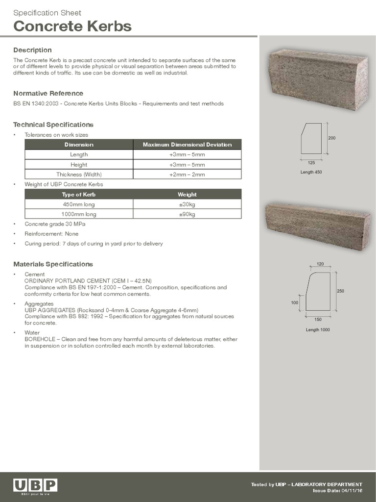 UBP Concrete Kerb Specification Sheet | PDF | Construction Aggregate ...