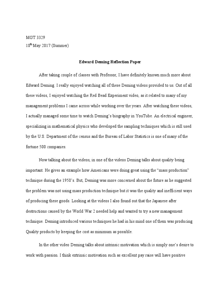 Deming Reflection Paper | PDF | Motivation | Motivational