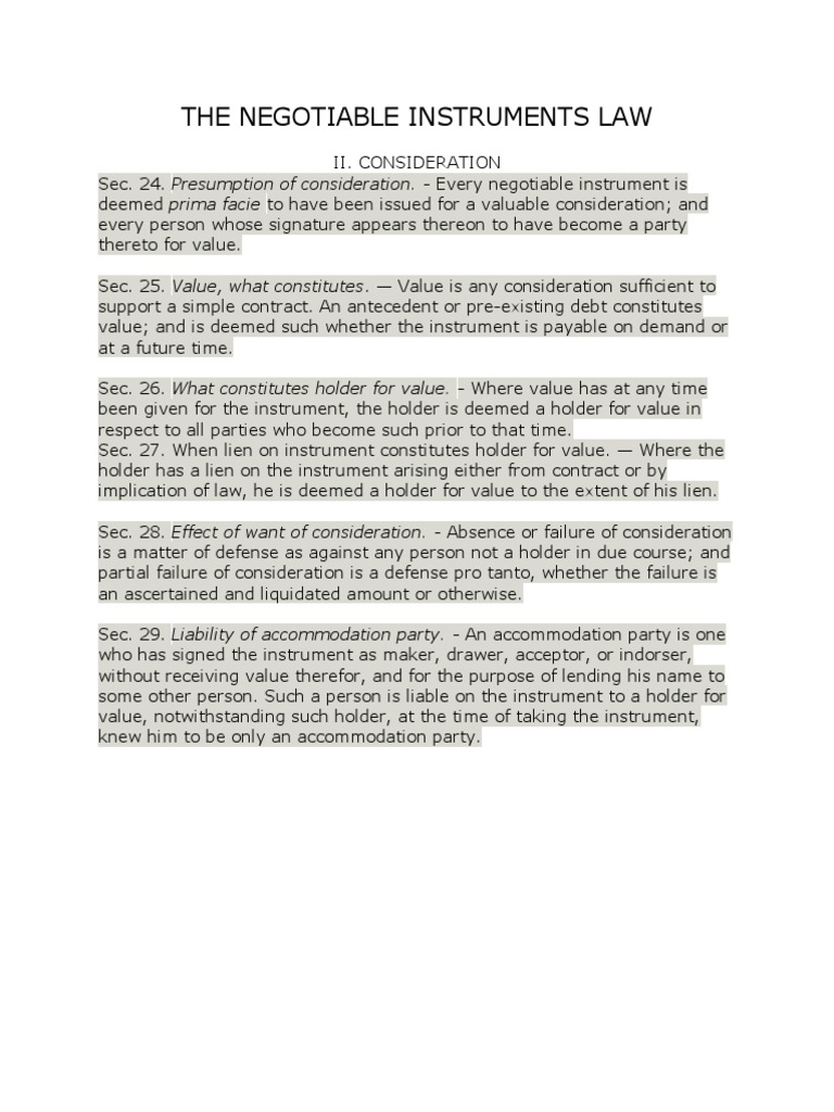 Overview of Consideration in Negotiable Instruments | PDF