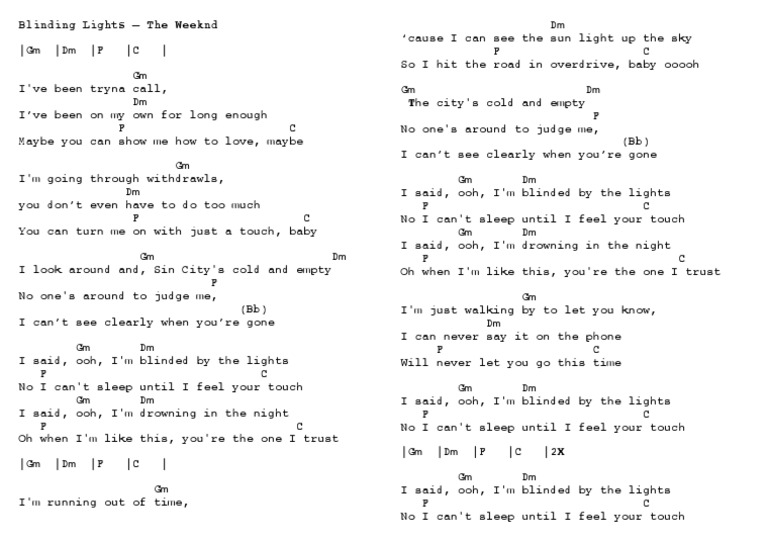 Blinding Lights The Weeknd Chords In Gm Landscape