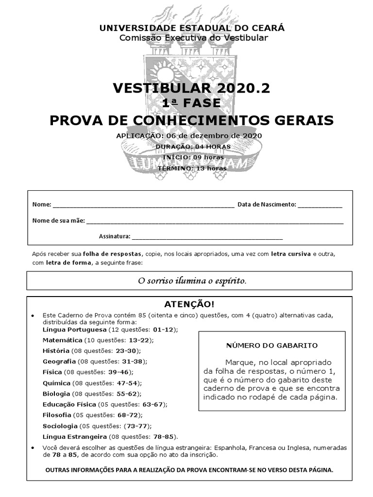 Prova de Conhecimentos Gerais - Vestibular 2020.2 | PDF | Brasil ...
