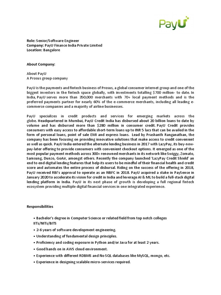 Job Decription - Senior-Software Engineer | PDF | Credit | Finance ...