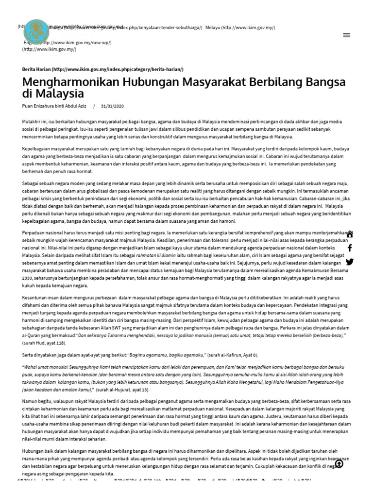 Mengharmonikan Hubungan Masyarakat Berbilang Bangsa Di 