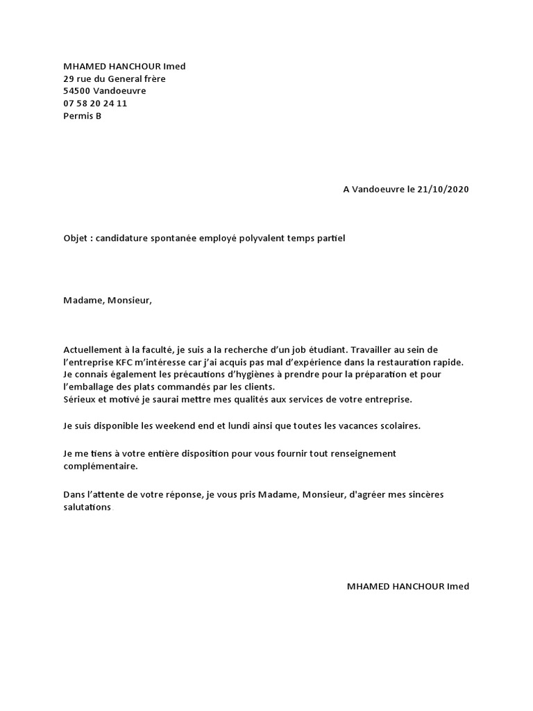 Lettre De Motivation Job étudiant Week End Lettre Motivation KFC | PDF