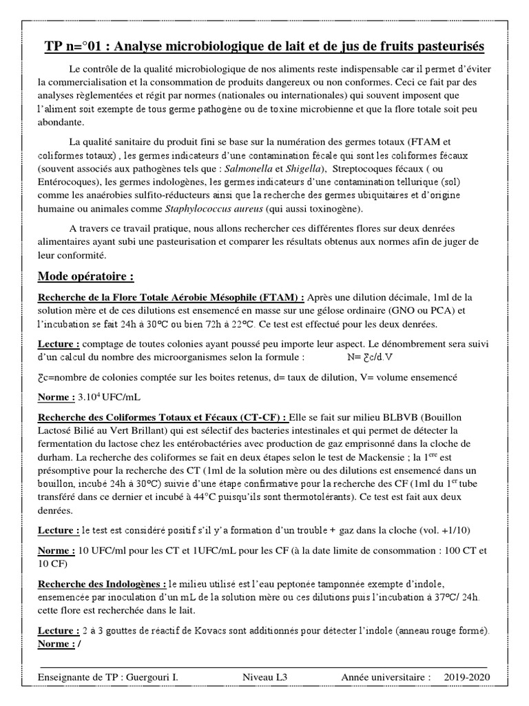 Compte Rendu Tp Analyse Microbiologique Du Lait TP Microbiologie Alimentaire L3 Microbiologie | PDF | Microbiologie |  Micro-organisme