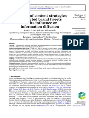 Analysis Of Content Strategies Of Selected Brand Tweets And Its Influence On Information Diffusion Social Media Popular Culture Media Studies