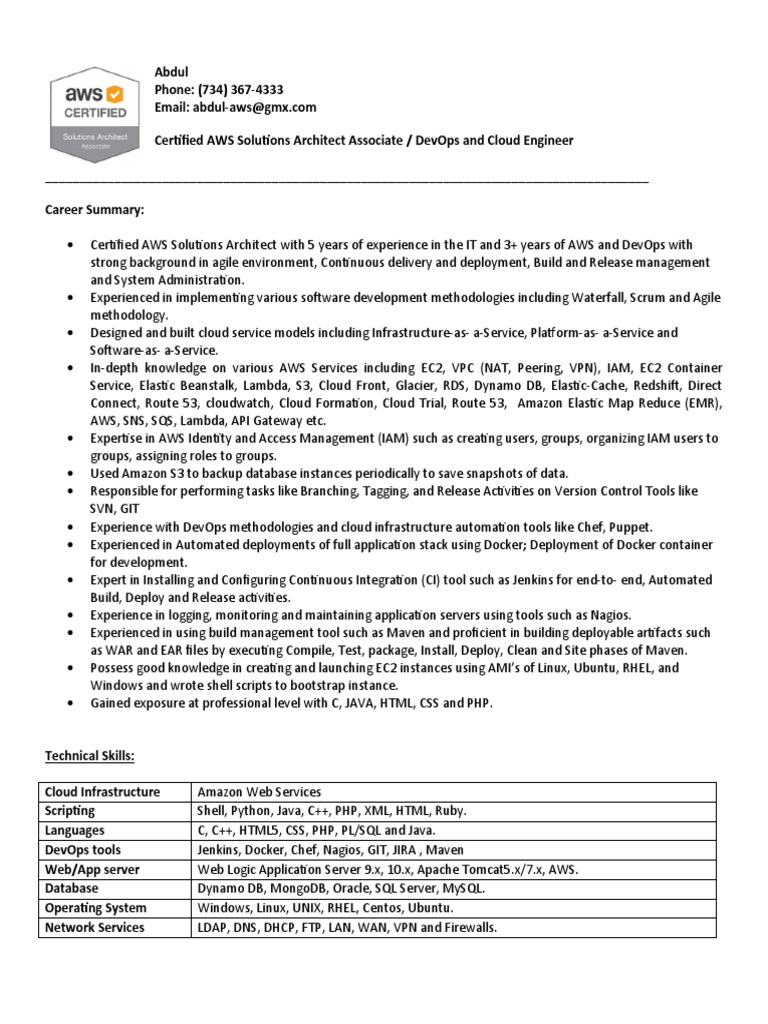 AWS DevOps Engineer Resume Summary | PDF | Amazon Web Services | Cloud ...