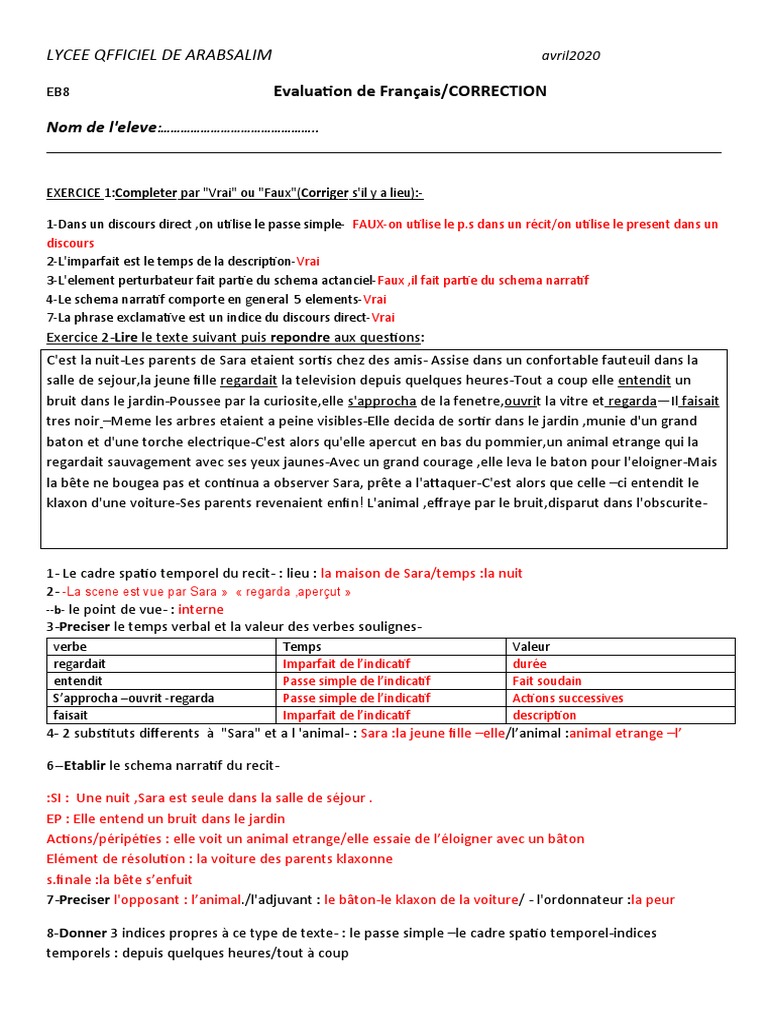 Exercice Imparfait Passé Simple 6ème Avec Correction Eb9 Texte Narratif - CORRECTION | PDF | Grammaire | Mécanique du langage