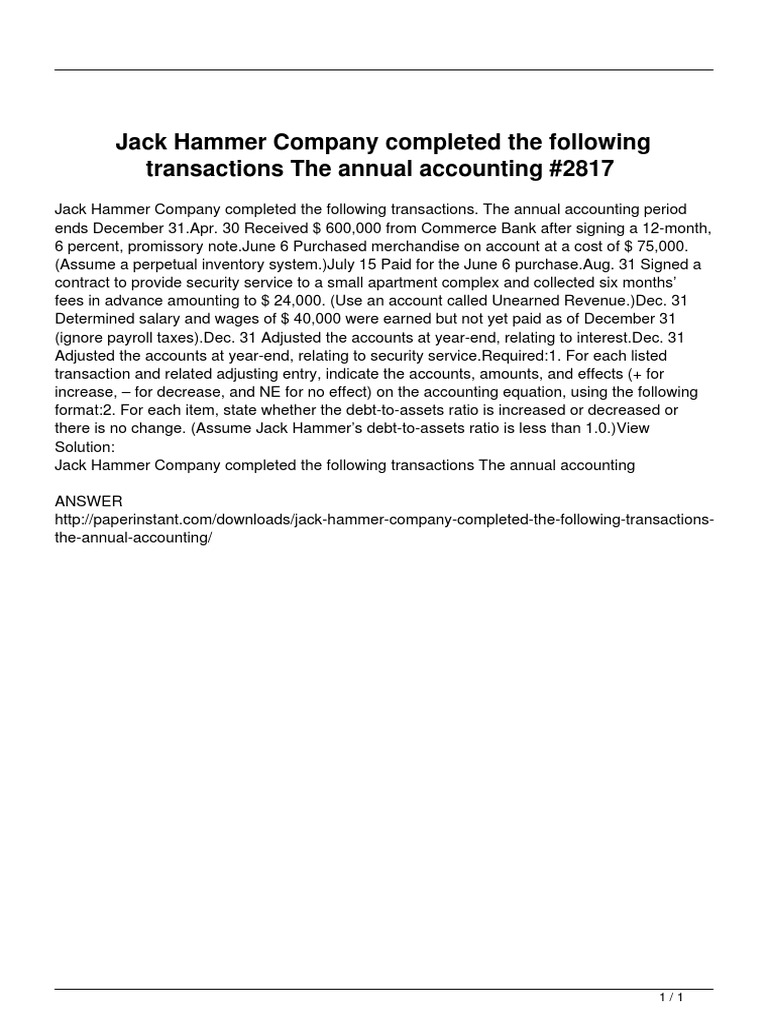 Jack Hammer Company Completed The Following Transactions The Annual