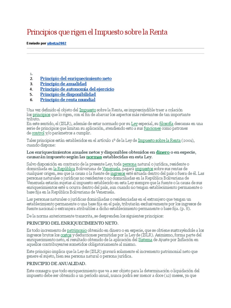 Principios del Impuesto sobre la Renta en Venezuela | PDF | Impuesto ...