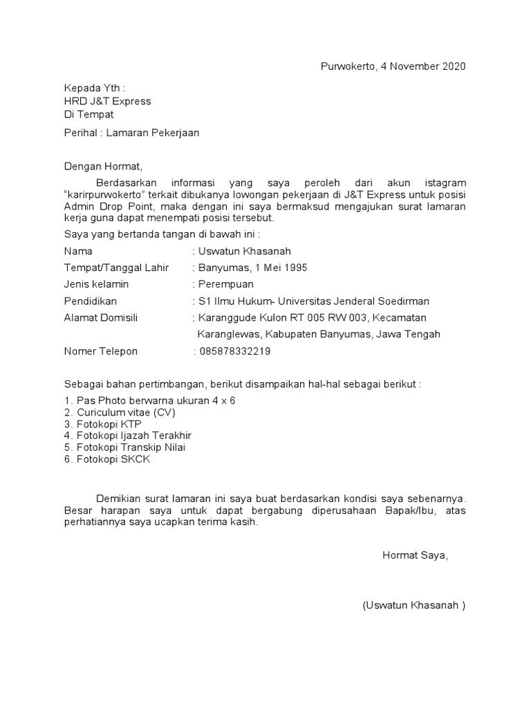 Download 68+ Contoh Surat Lamaran Kerja J&t Terbaru Gratis