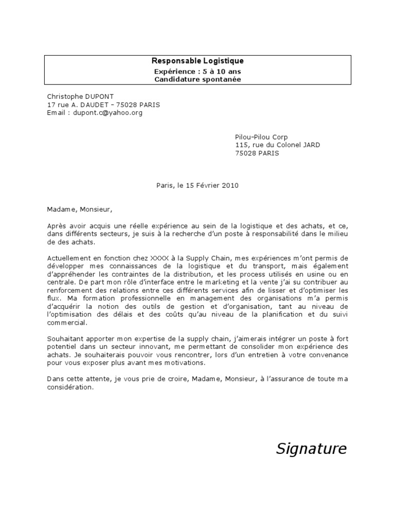 Lettre Motivation Responsable Logistique
