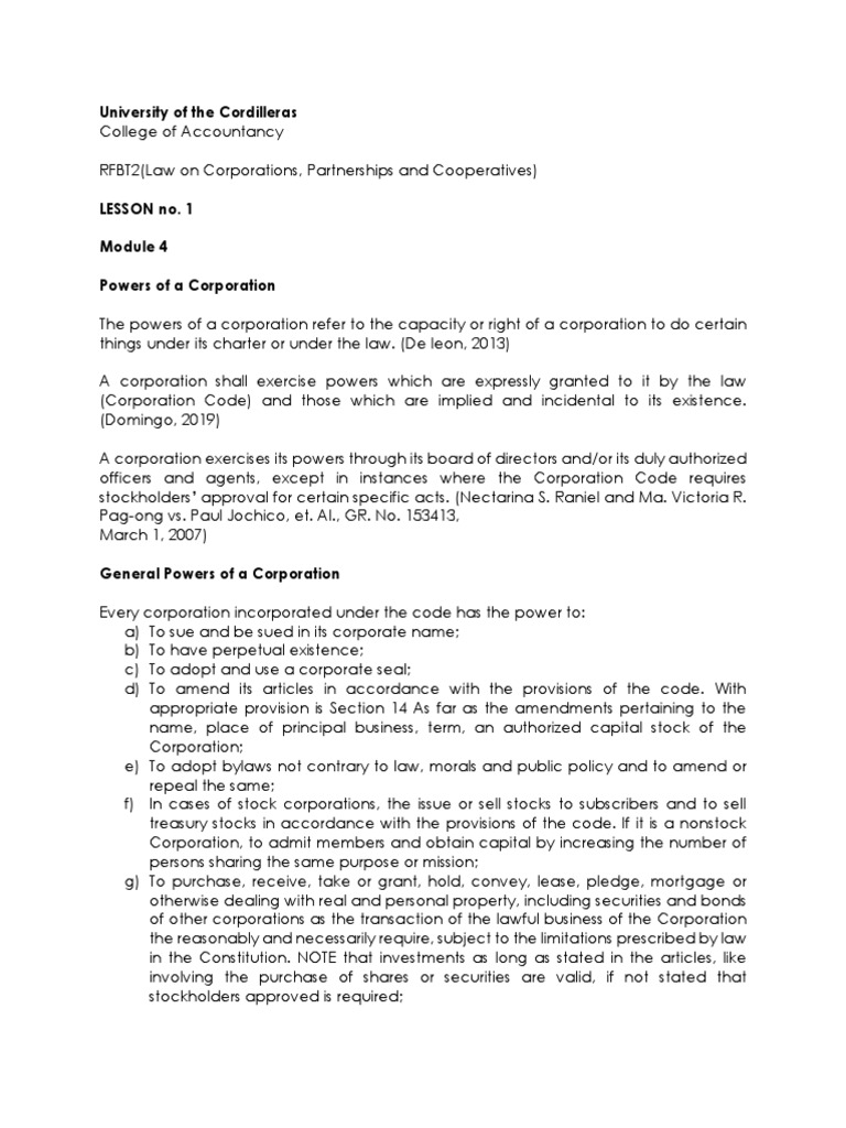 Powers of Corporations Explained | PDF | Dividend | Corporations