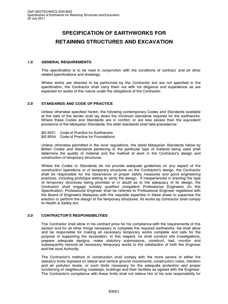Specification of Earthworks For Retaining Structures and Excavation ...