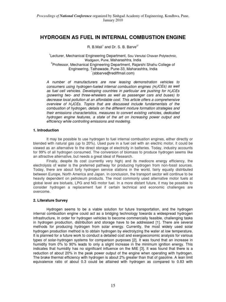 Hydrogen Fuel in Internal Combustion Engines | PDF | Internal ...