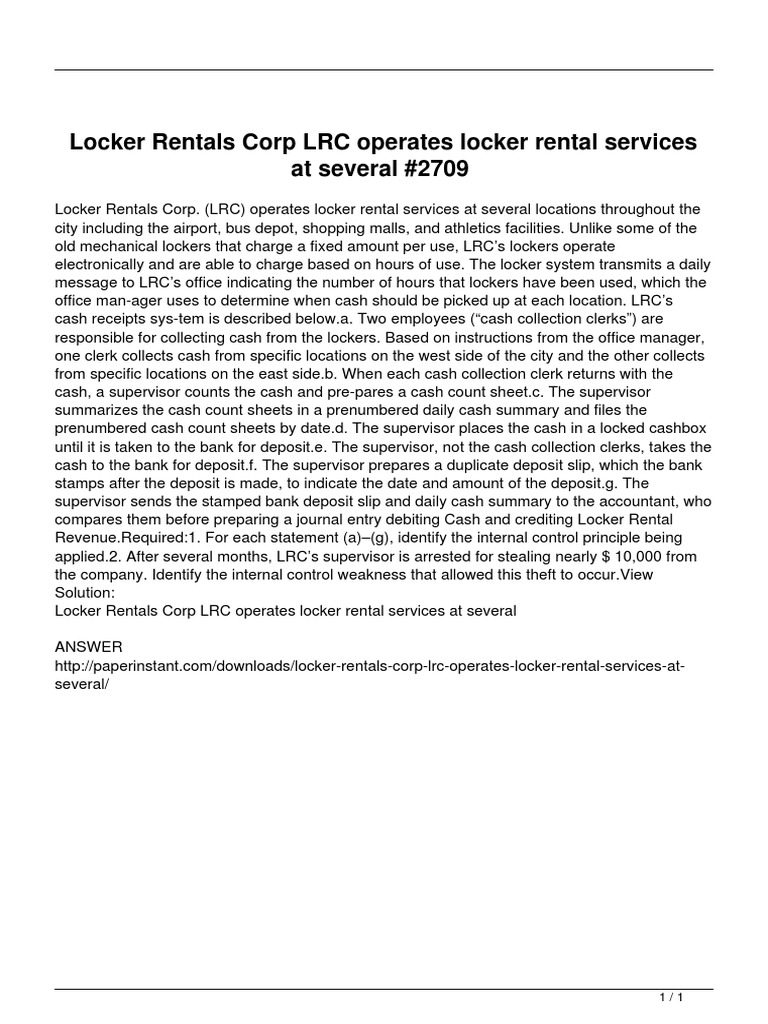 Locker Rental Services Internal Controls | PDF | Debits And Credits | Banks