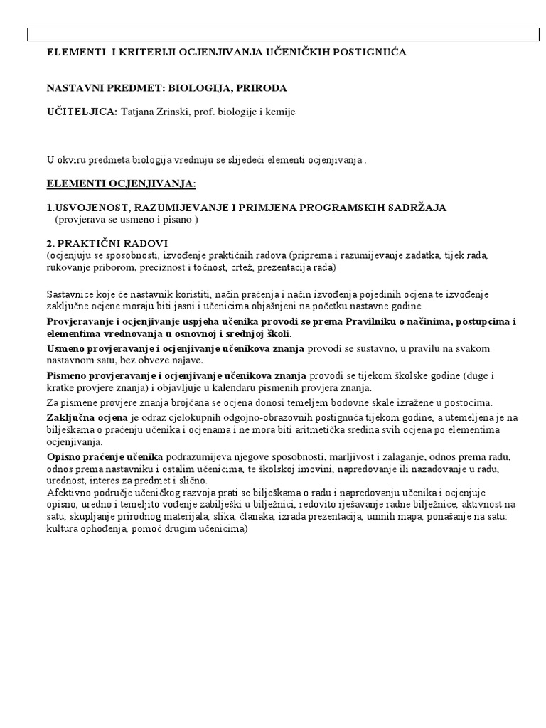 ELEMENTI I KRITERIJI OCJENJIVANJA 2018-2019 Bio | PDF
