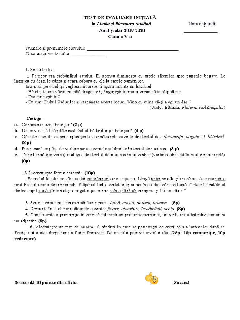 Test Initial Clasa A 5a | PDF