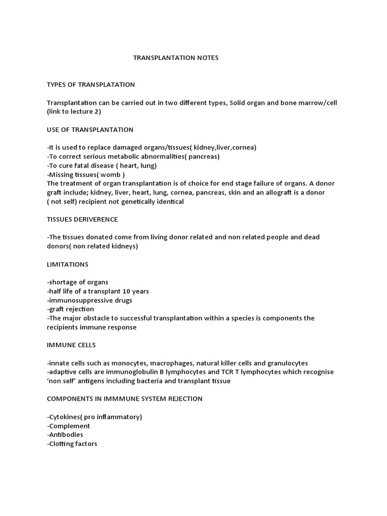 Transplantation Notes | PDF | Transplant Rejection | T Cell