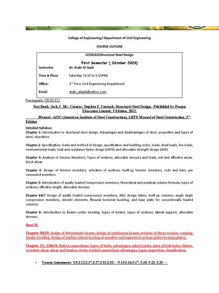 Structural Steel Design Course Outline | PDF | Beam (Structure) | Truss