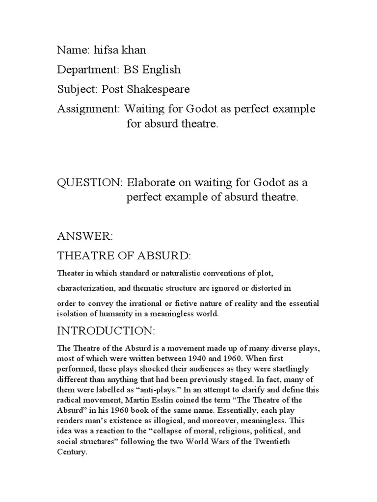 Waiting For Godot As Perfect Example For Theatre of Absurd PDF