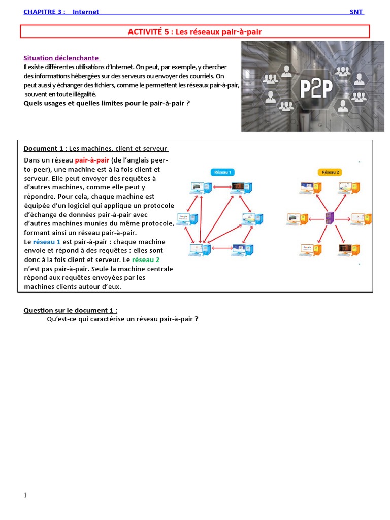 Quest Ce Qui Caracterise Les Machines Dun Reseau Pair A Pair ACTIVITÉ 5: Les Réseaux Pair-À-Pair: Situation Déclenchante | PDF | Pair à  pair | Téléchargement