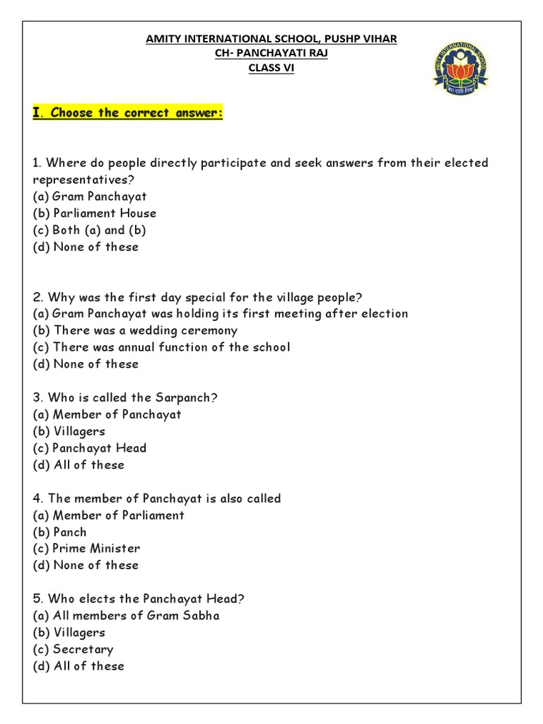 Panchayati Raj Worksheet Vi A Download Free PDF Government Of India