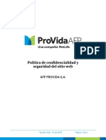 ProVida AFP Politicas de Confidencialidad y Seguridad Del Sitio Web