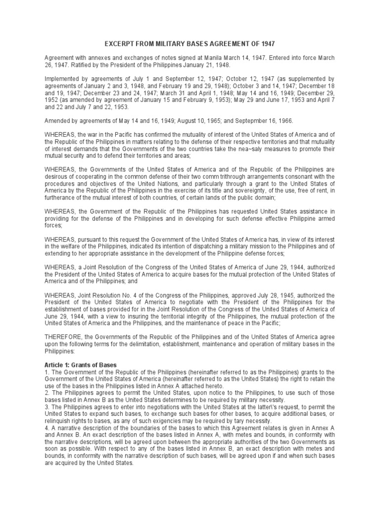 1947 Military Bases Agreement Summary | PDF | Federal Government Of The ...