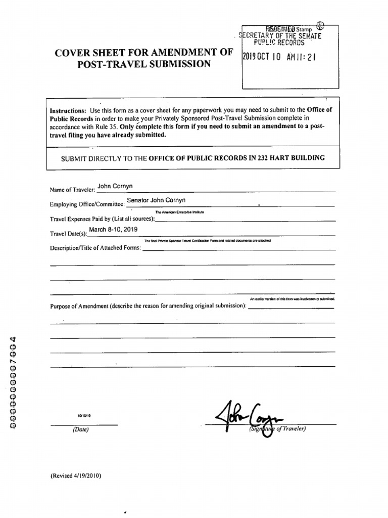 John Cornyn Travel To AEI World Forum PDF