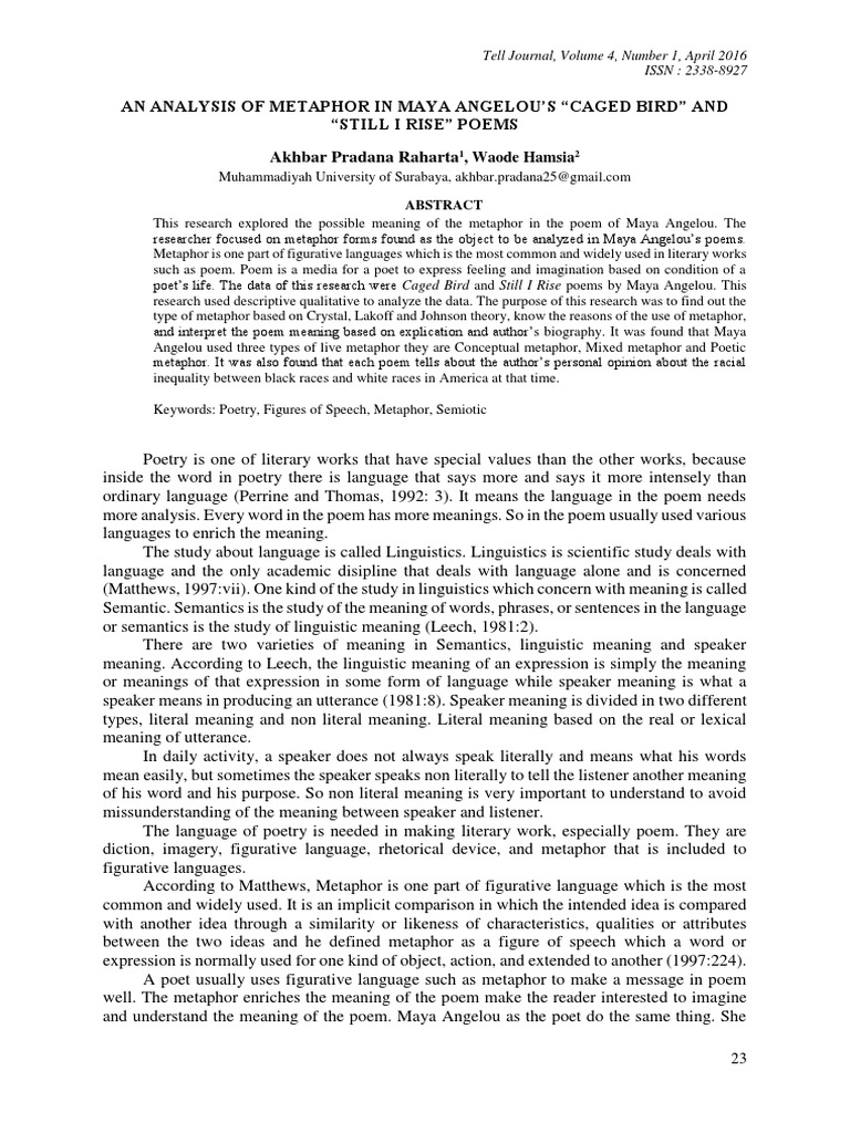 An Analysis of Metaphor in Maya Angelou'S "Caged Bird" and "Still I