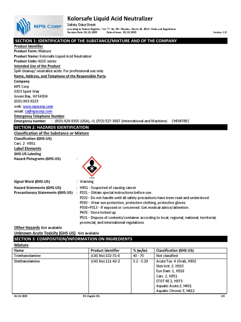 Kolorsafe Liquid Acid Neutralizer SDS NA 012115 FINAL PDF