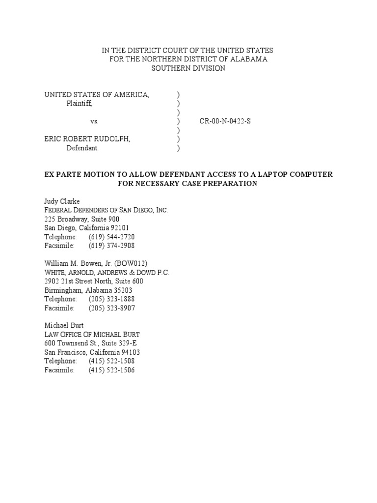 Ex Parte Motion To Allow Defendant Access To A Laptop Computer For Necessary Case Preparation