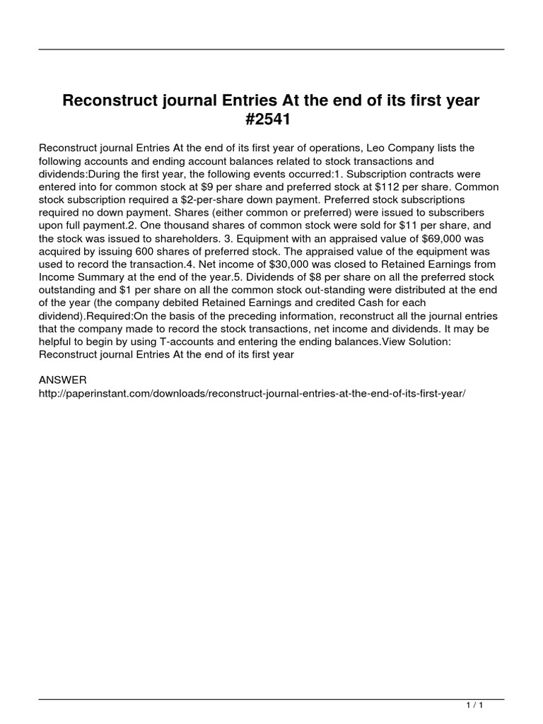 Reconstruct Journal Entries at The End of Its First Year PDF Stocks Retained Earnings