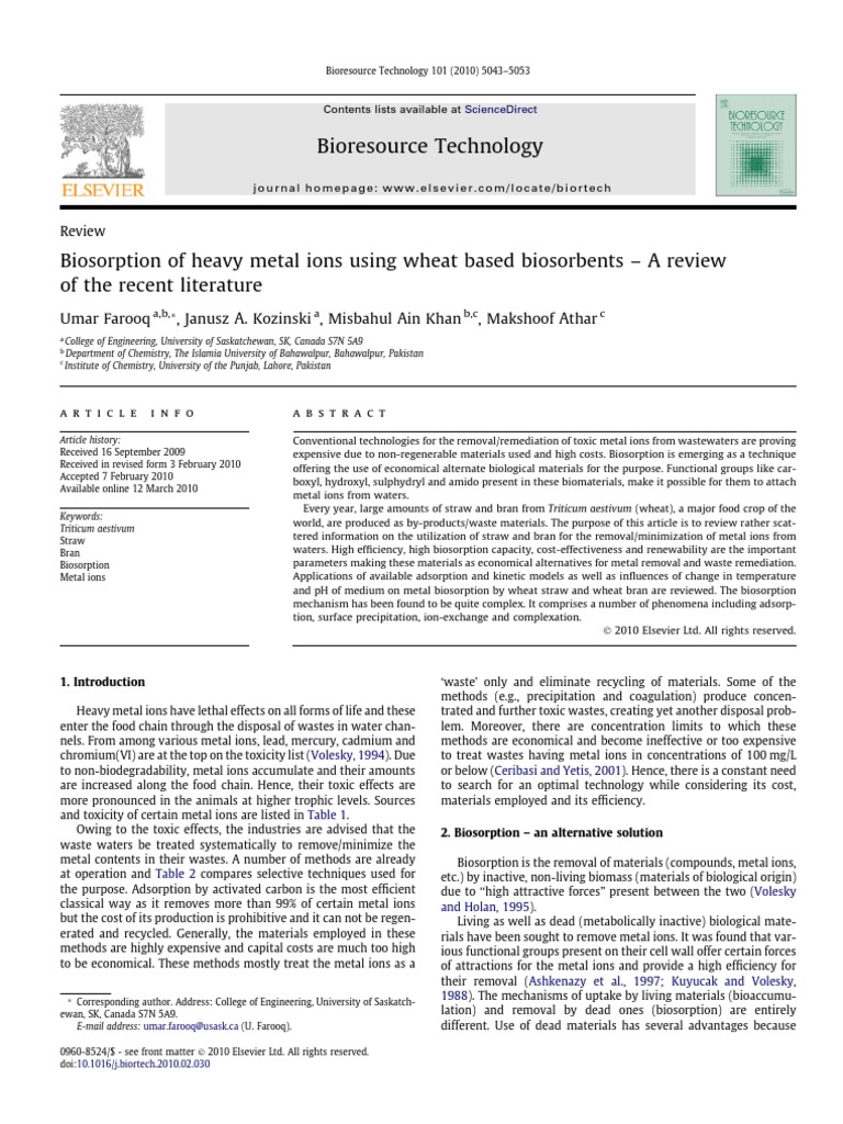 Wheat Biosorbents for Metal Removal | PDF | Adsorption | Chemistry
