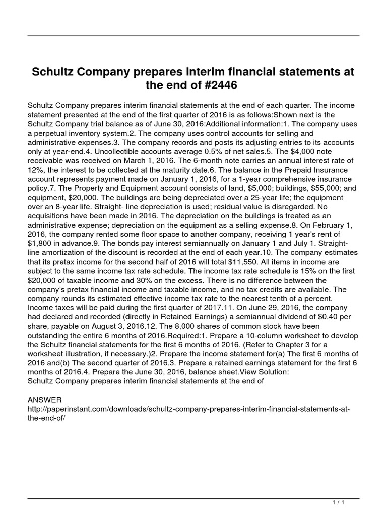 Schultz Company Interim Financials 2016 | PDF | Retained Earnings ...