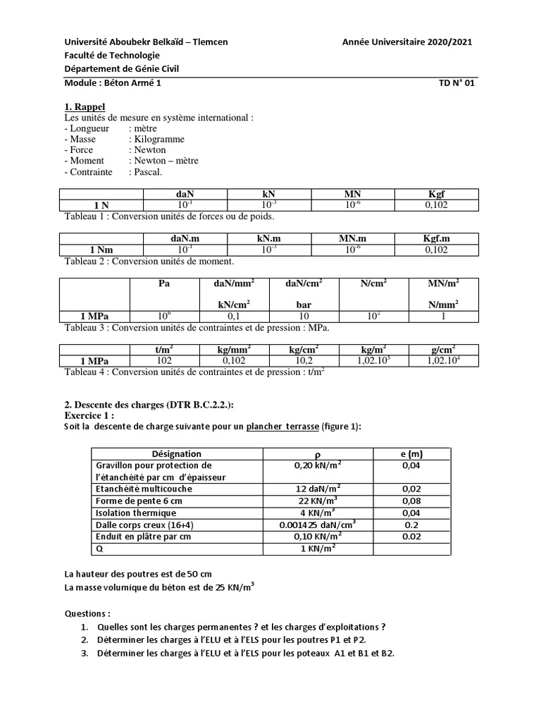 Tableau De Conversion Newton En Dan TD1 - Unité Et Descente Des Charges | PDF | Béton | Génie du bâtiment