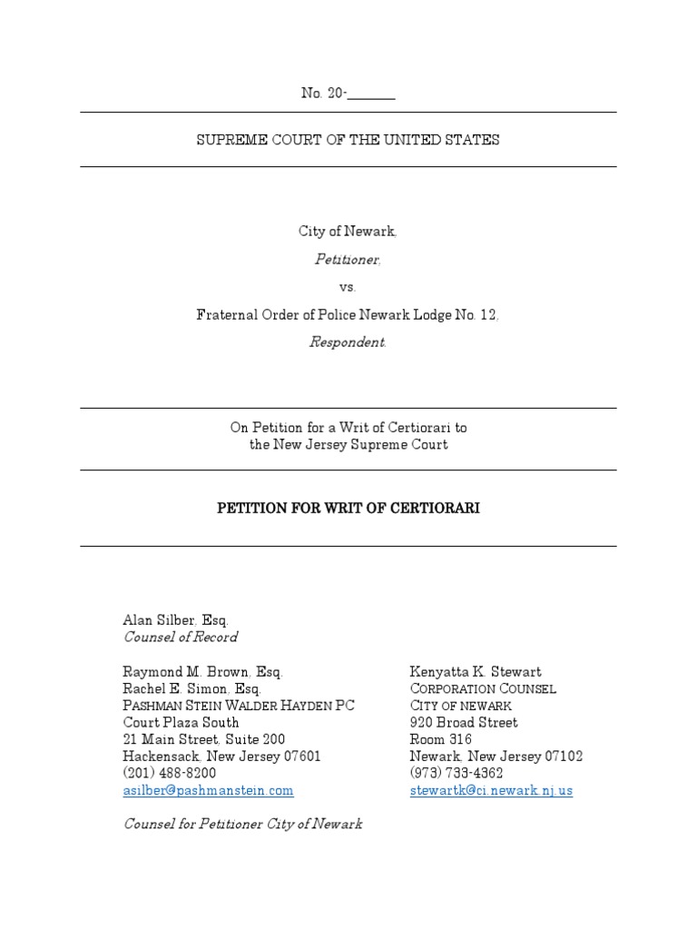 City of Newark's Petition For Writ of Certiorari To U.S. Supreme Court