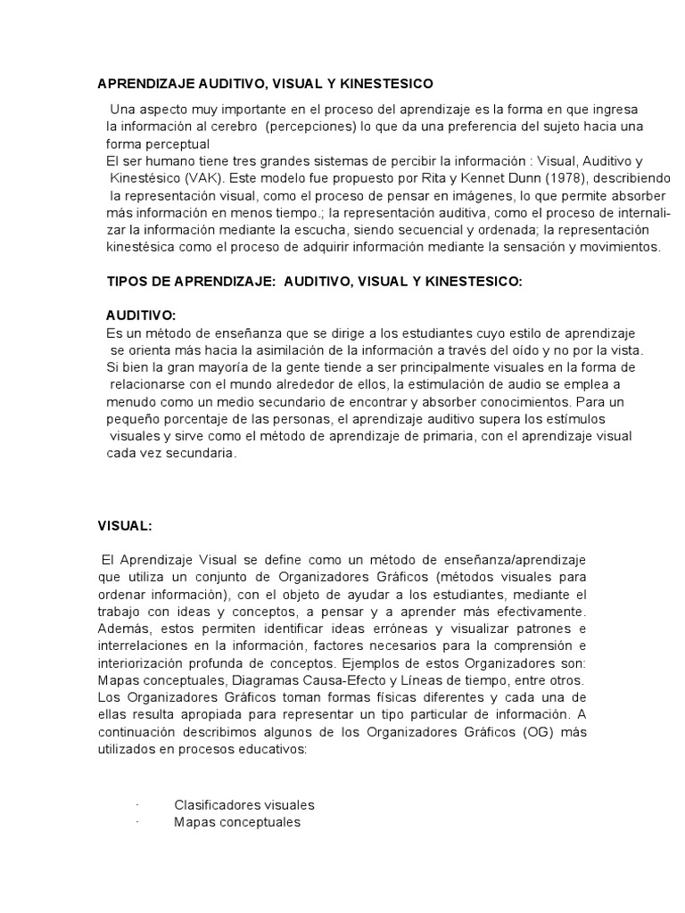 Estilos de Aprendizaje VAK: Visual, Auditivo, Kinestésico | PDF ...