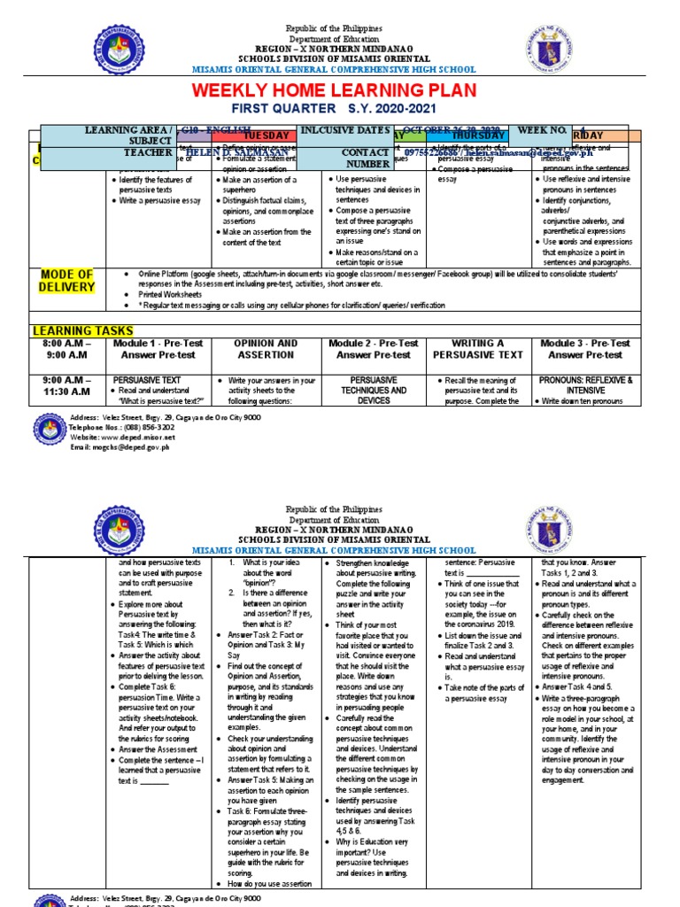 Weekly Home Learning Plan: G10 English | PDF | Persuasion | Essays
