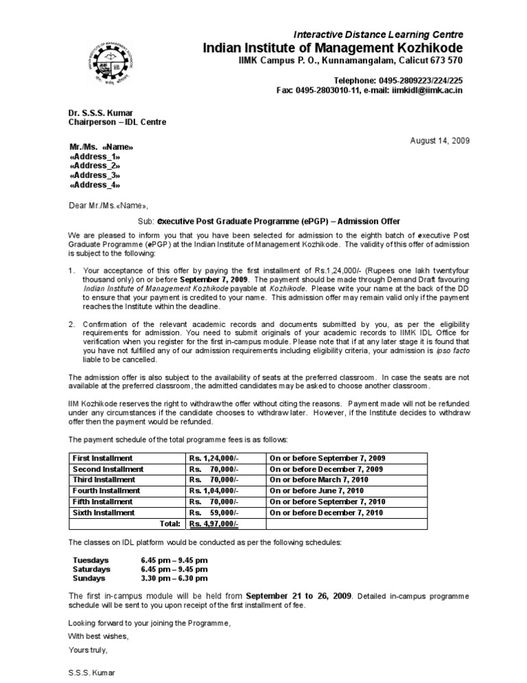 ePGP Admission Offer Letter Specimen copy Government Politics