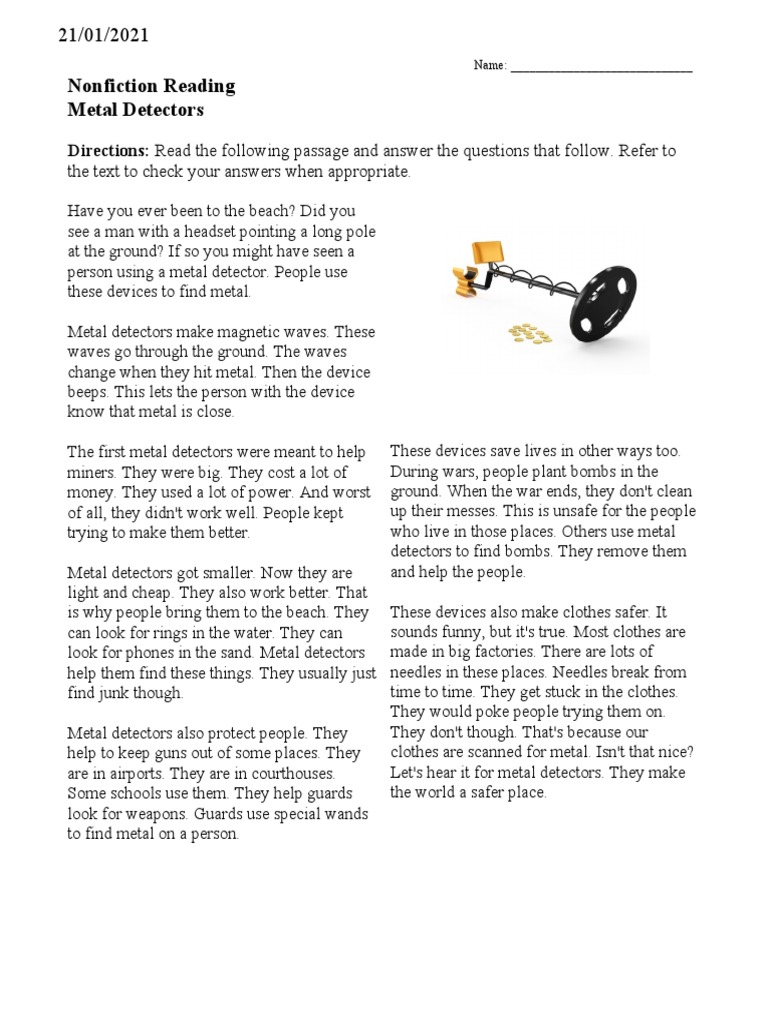 Nonfiction Reading Metal Detectors Directions Read The Following