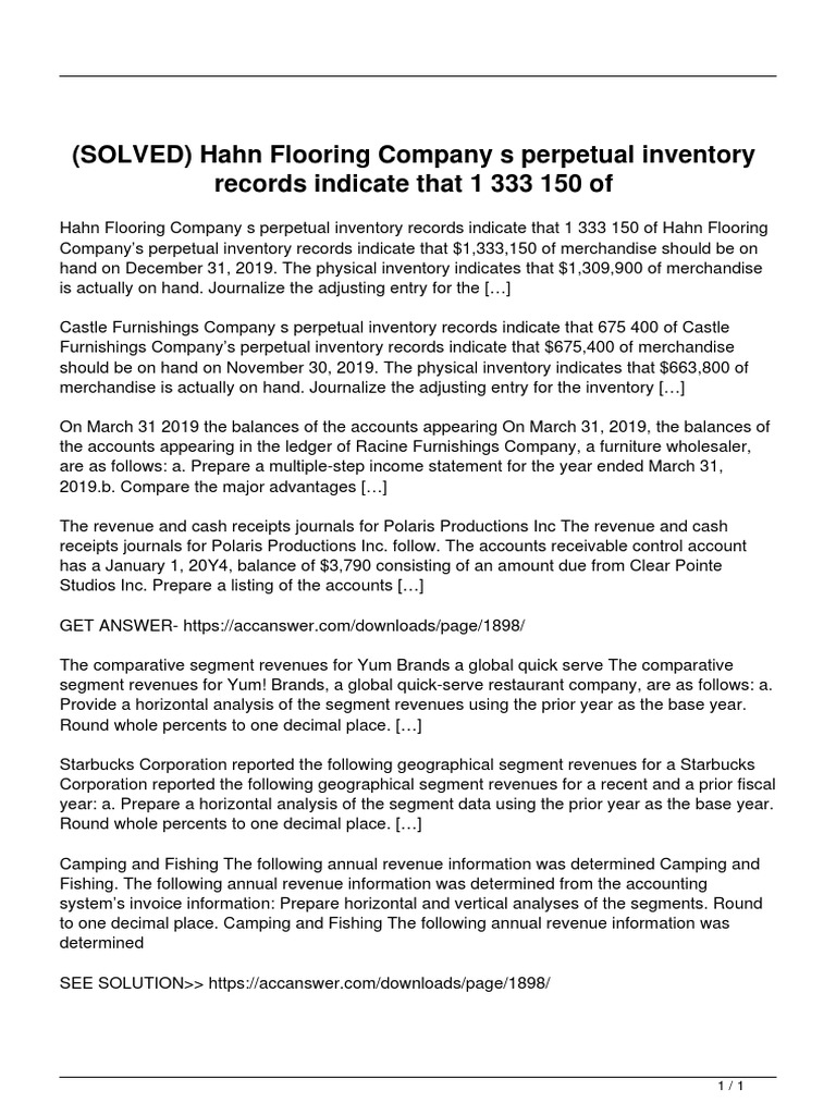 Solved Hahn Flooring Company S Perpetual Inventory Records Indicate