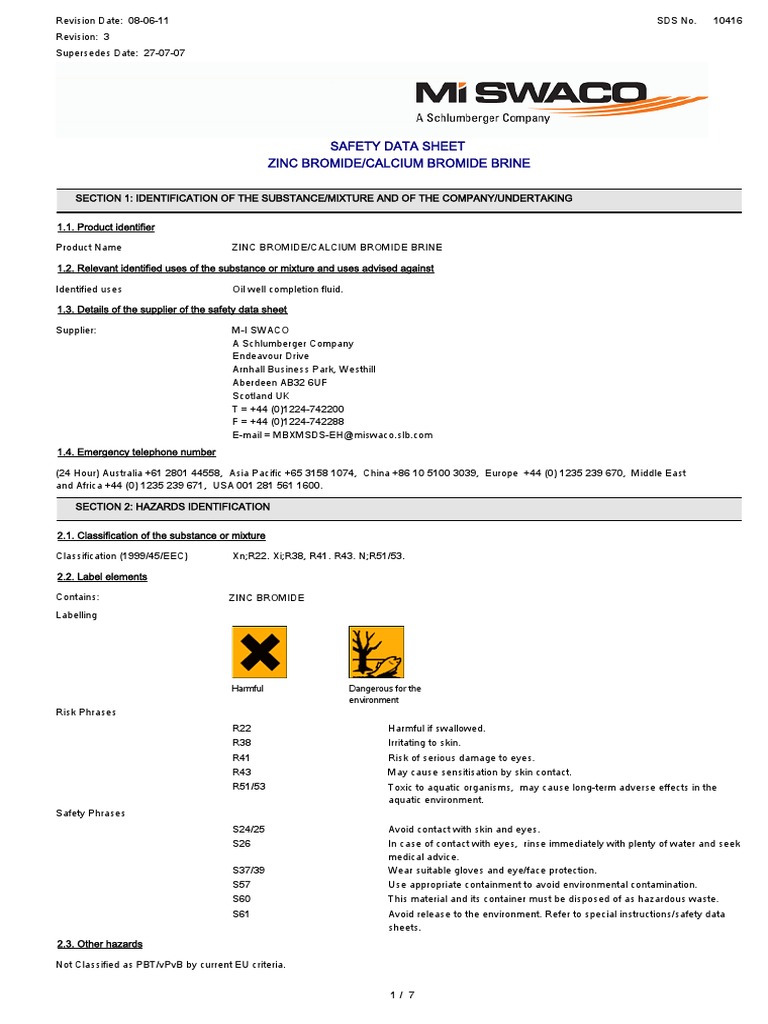 Zinc Bromide Calcium Bromide Brine MSDS PDF Dangerous Goods
